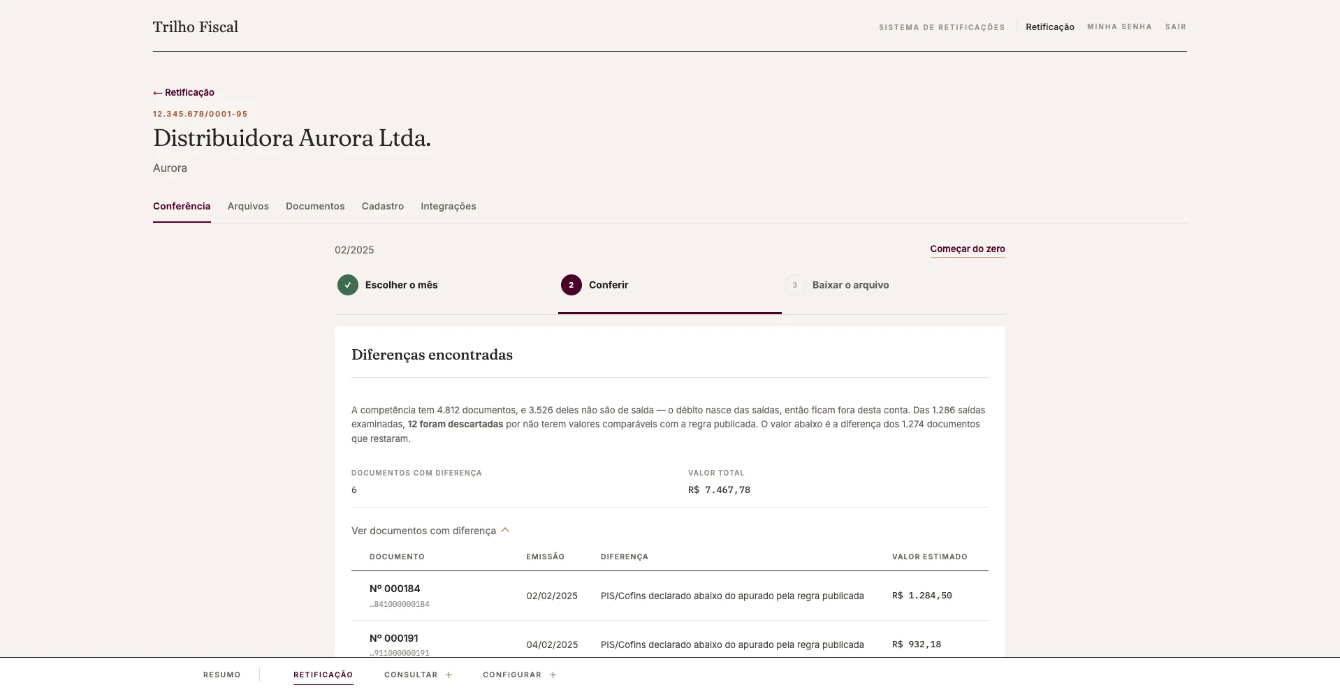 Conferência mensal da EFD-Contribuições com diferenças de PIS/Cofins por documento e preparo da retificadora